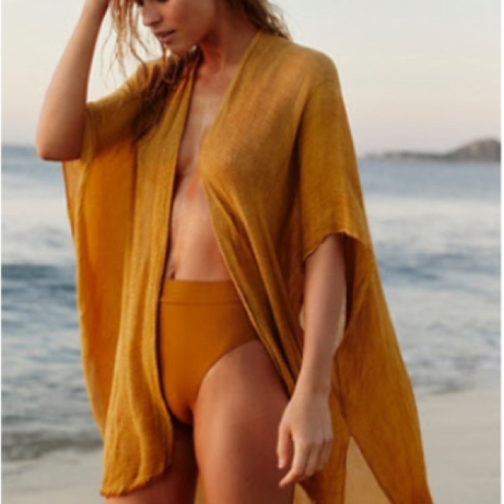 Free People Elegant Day Washed Up Mustard Swim Cover-Up Kimono